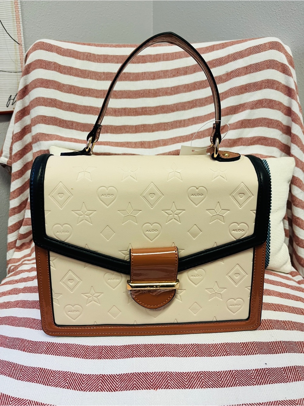 NWT ALDO Cream, Black and Brown Embossed Top-Handle Satchel